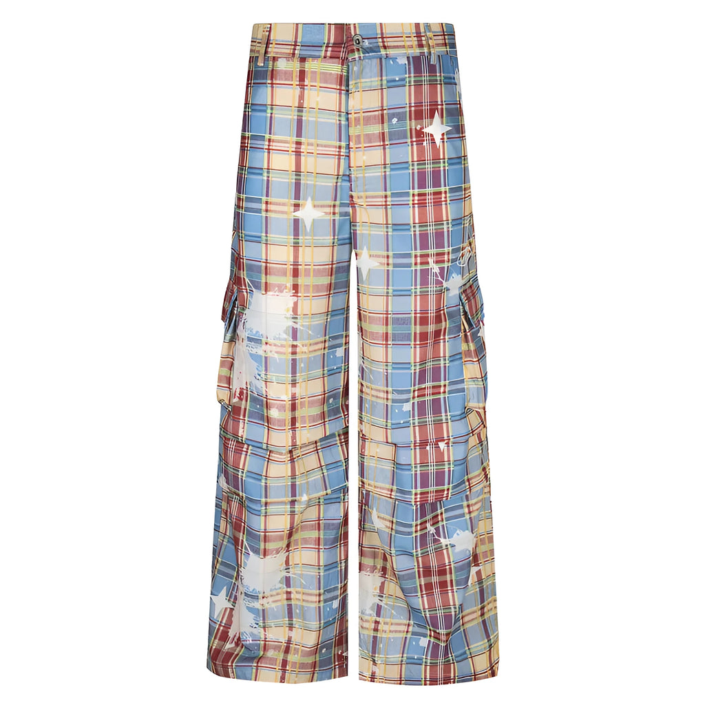 Men's retro plaid overalls loose straight casual trousers in blue polyester