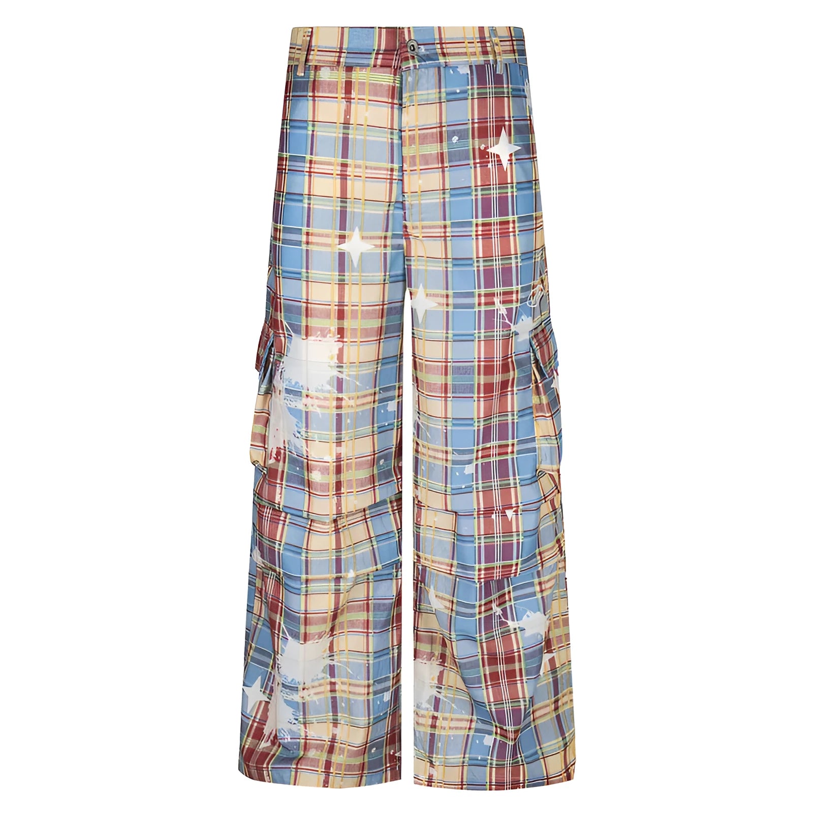 Men's retro plaid overalls loose straight casual trousers in blue polyester