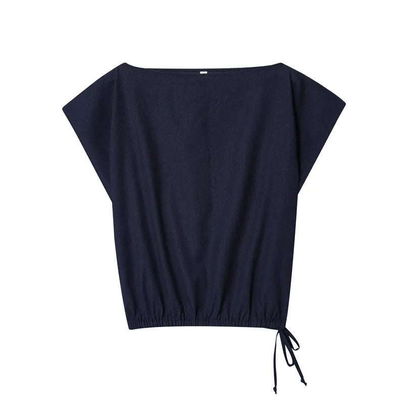 Women's linen style two-piece set with flounced sleeve shirt and wide leg trousers