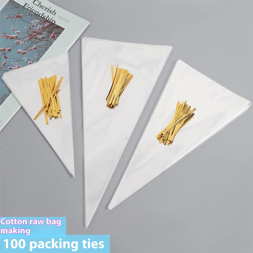 Clear triangle-shaped plastic packaging bag with a metallic twist tie at the top.
