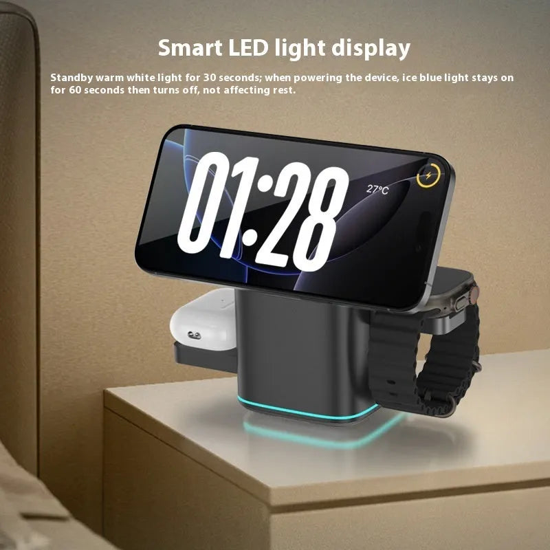 Black mobile phone charging stand with 180-degree rotation on wooden desk