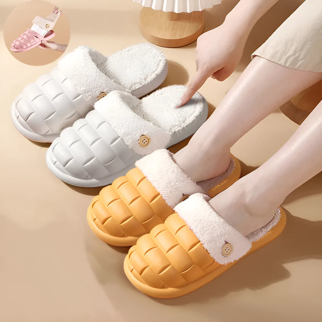 Women's pink and grey plaid detachable slippers with plush lining and a textured non-slip sole.