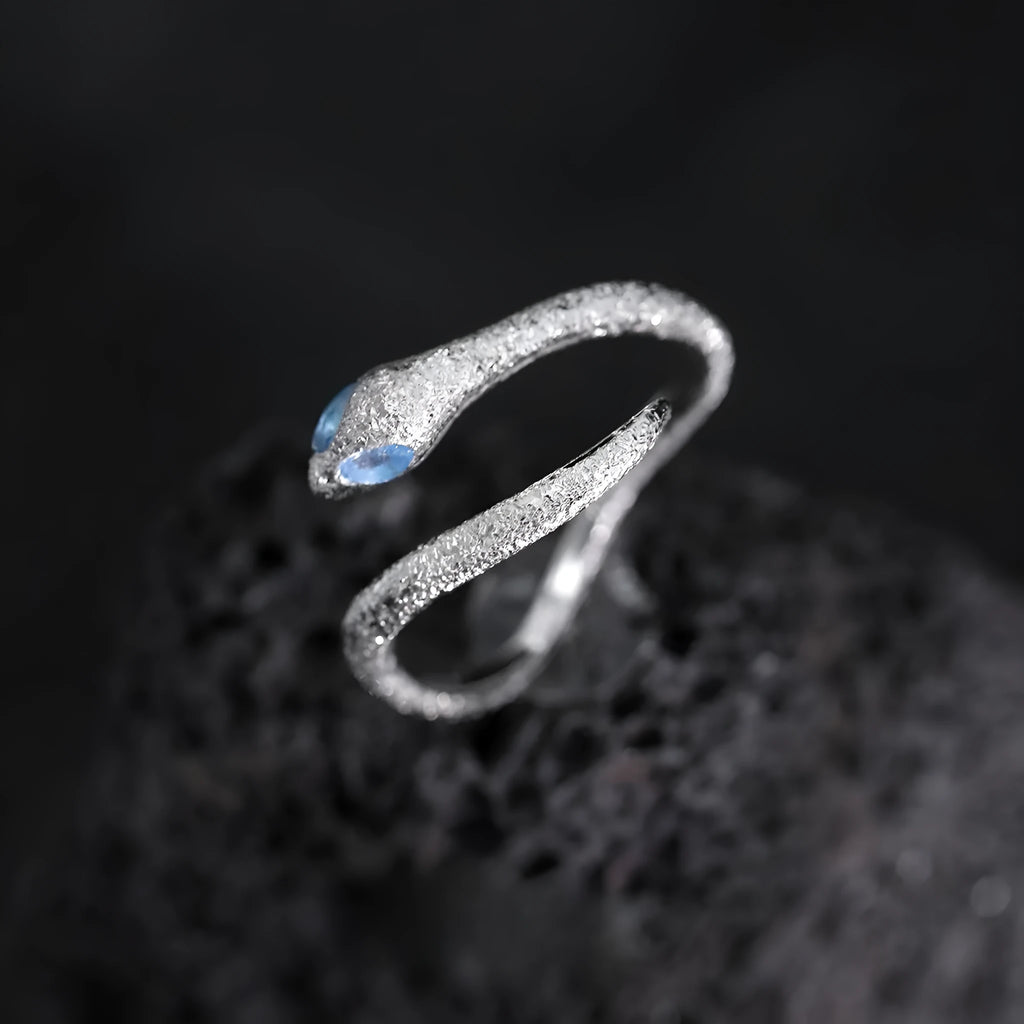 Silver snake zodiac ring with adjustable opening and platinum electroplated finish for women