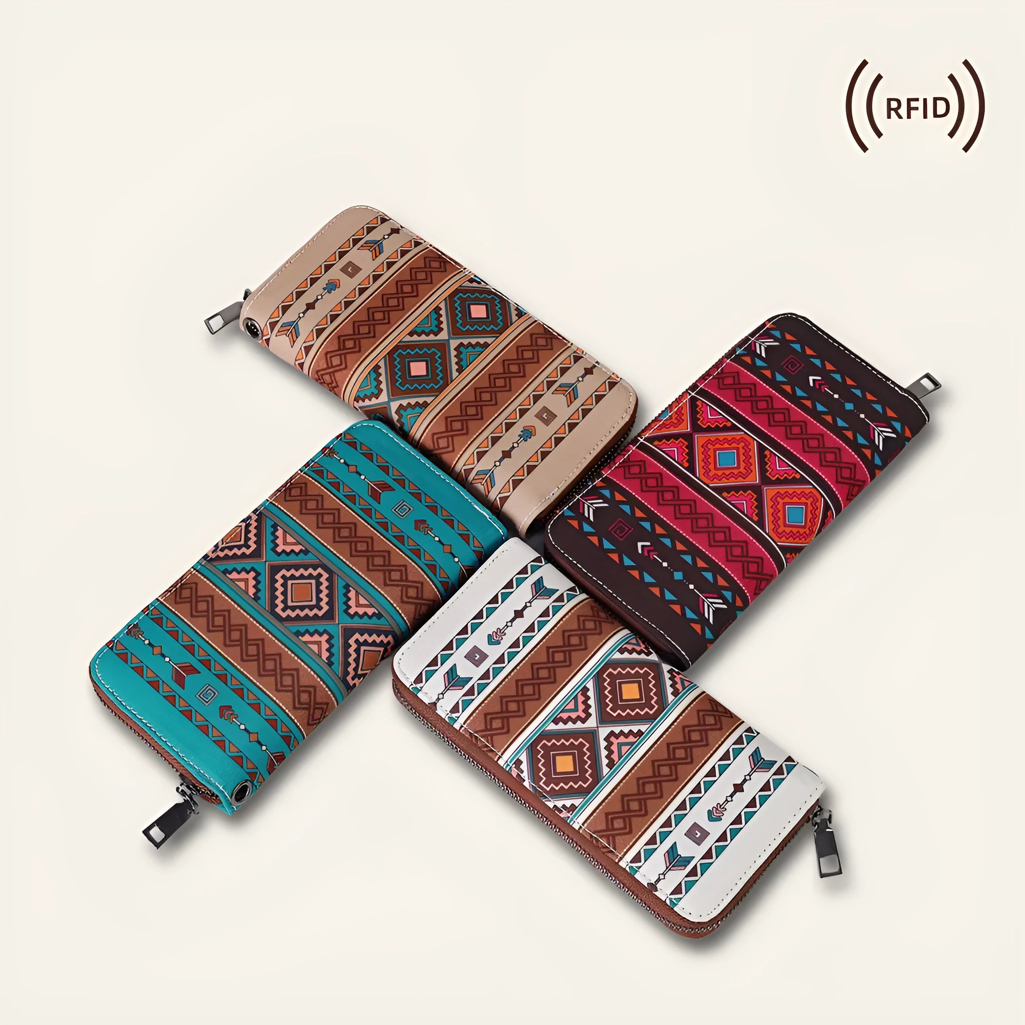 Bohemian striped canvas RFID wallet with wind belt closure showing beige colour option