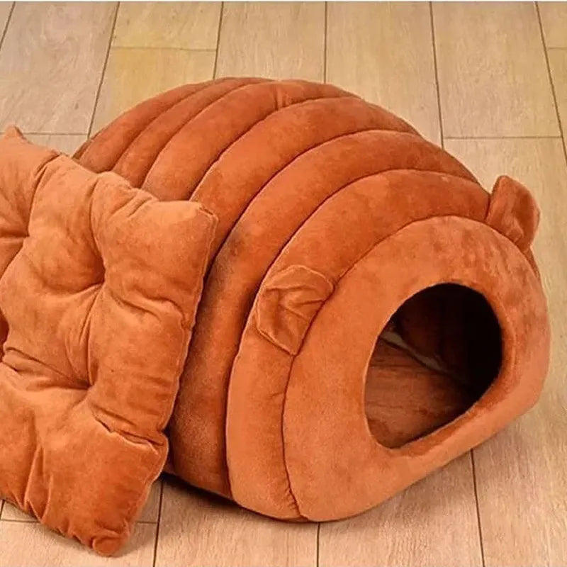Plush cat bed house in brown with removable cushion, 38x42x33cm, for small pets