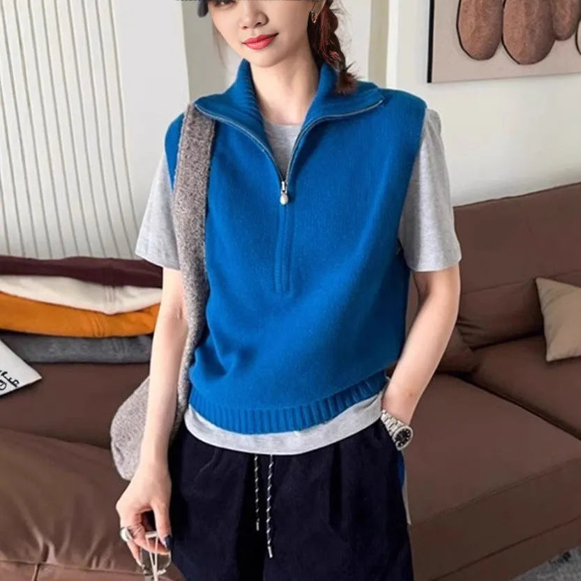 Retro half zip sleeveless knit vest with 3D mesh fabric texture in solid colour