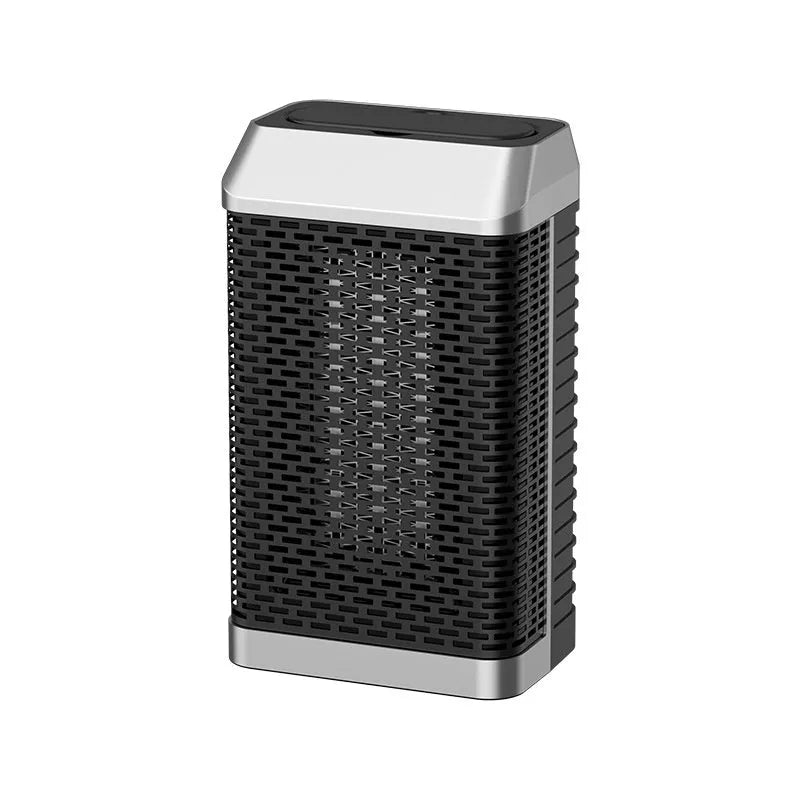 Black remote control desktop warm air blower heater showing compact size and control panel.