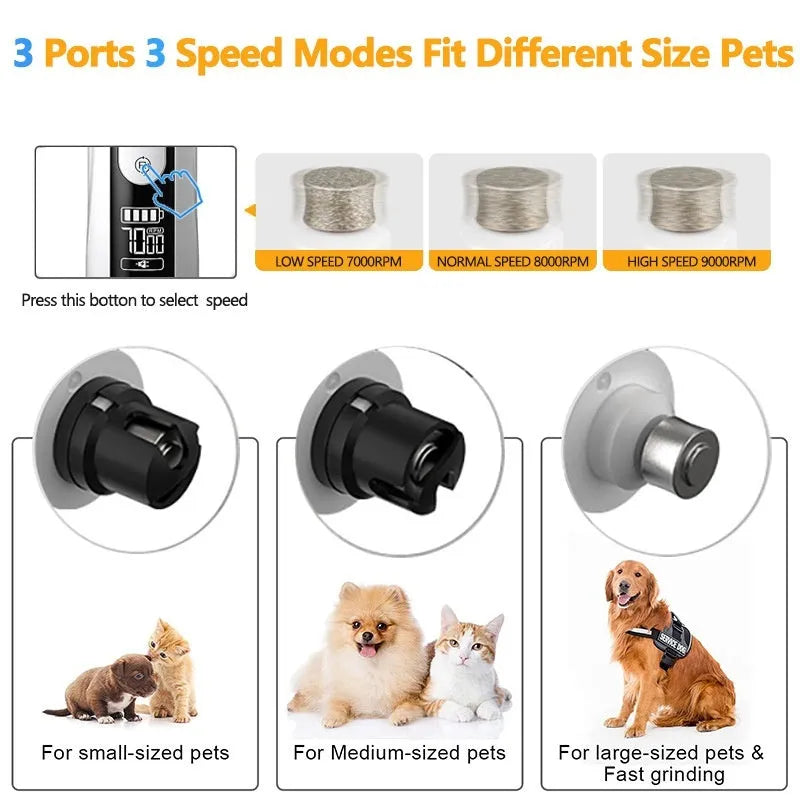 Electric dog nail grinder device with LED display showing speed settings and dust collection port