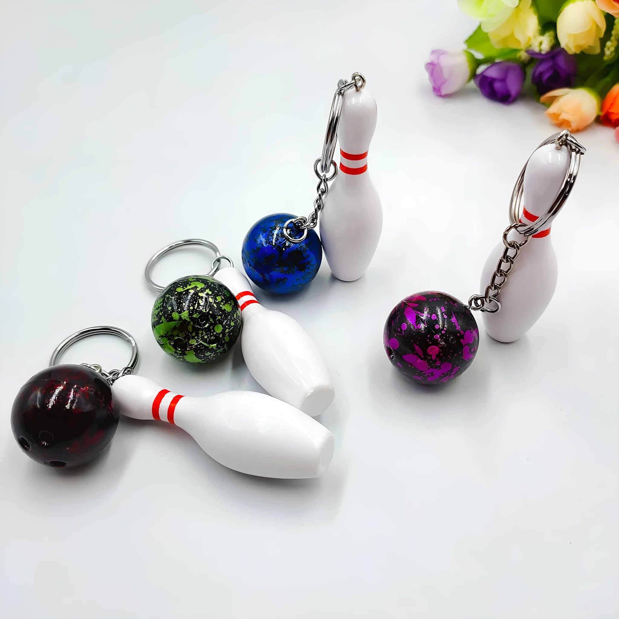 Mini simulation sports bowling keychain pendant in blue PVC metal