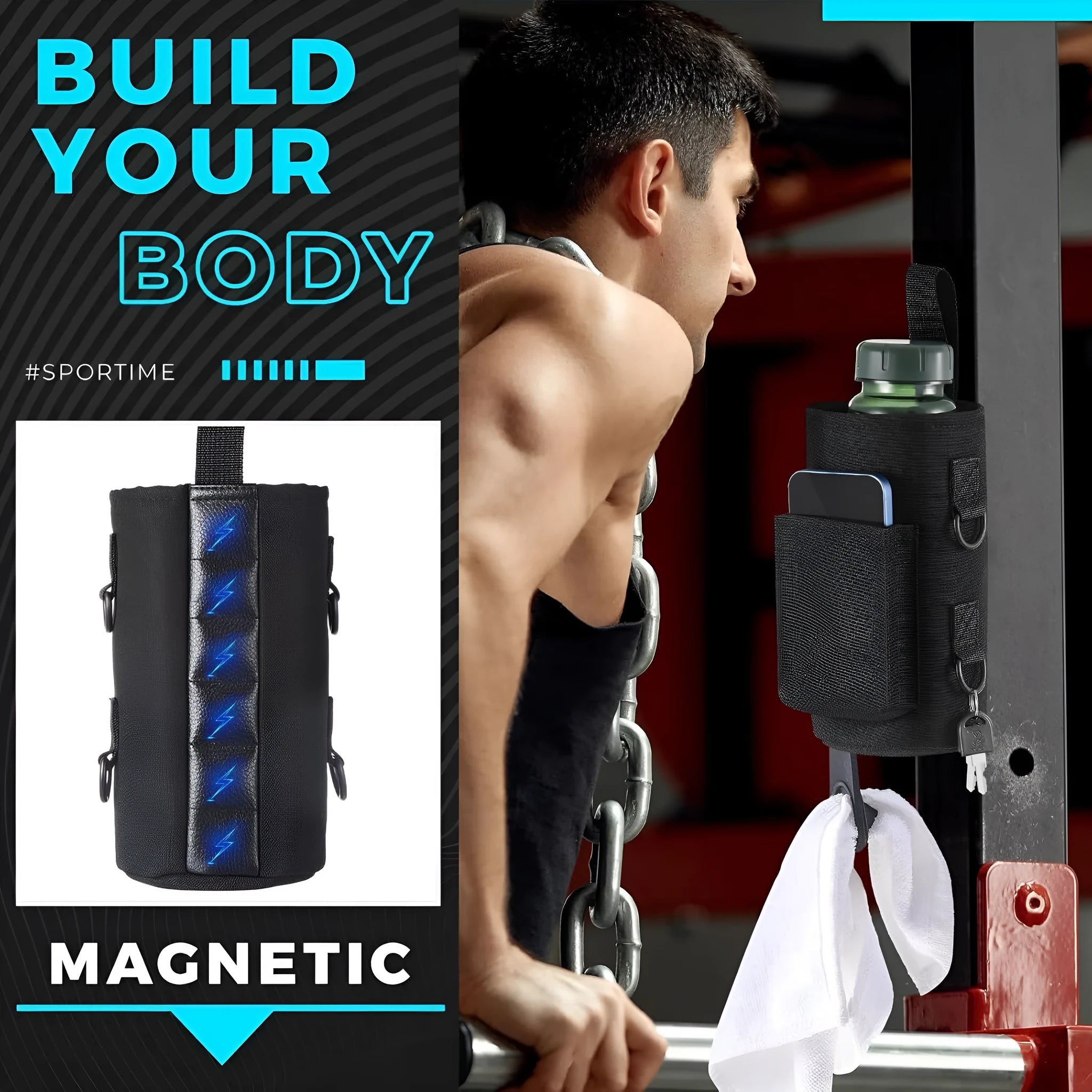Magnetic fitness outdoor waterproof large capacity cup cover in black cloth with magnetic closure, packed size 21x15x5 cm