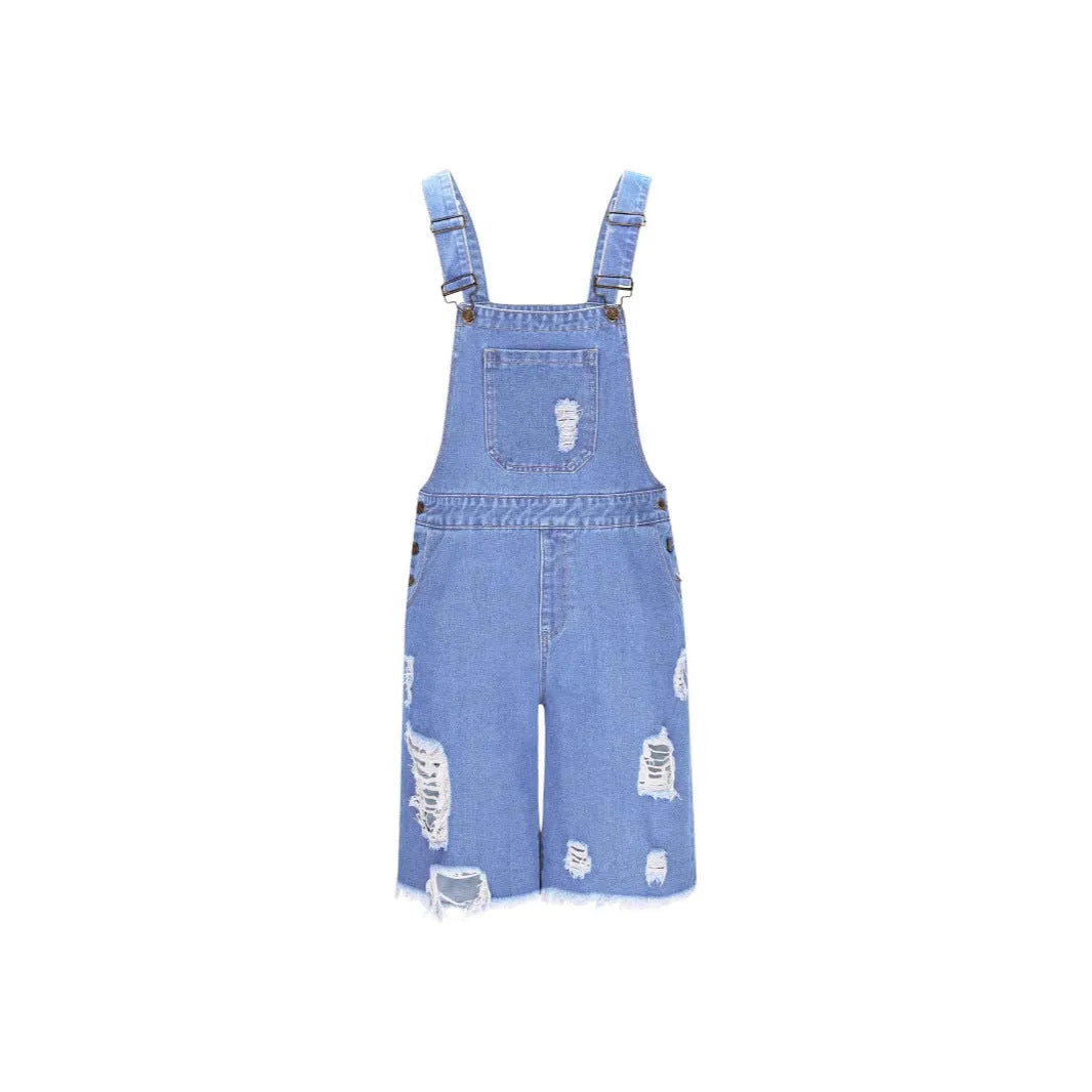 Men's ripped denim suspender shorts in dark blue, straight-leg mid-waist cotton casual wear