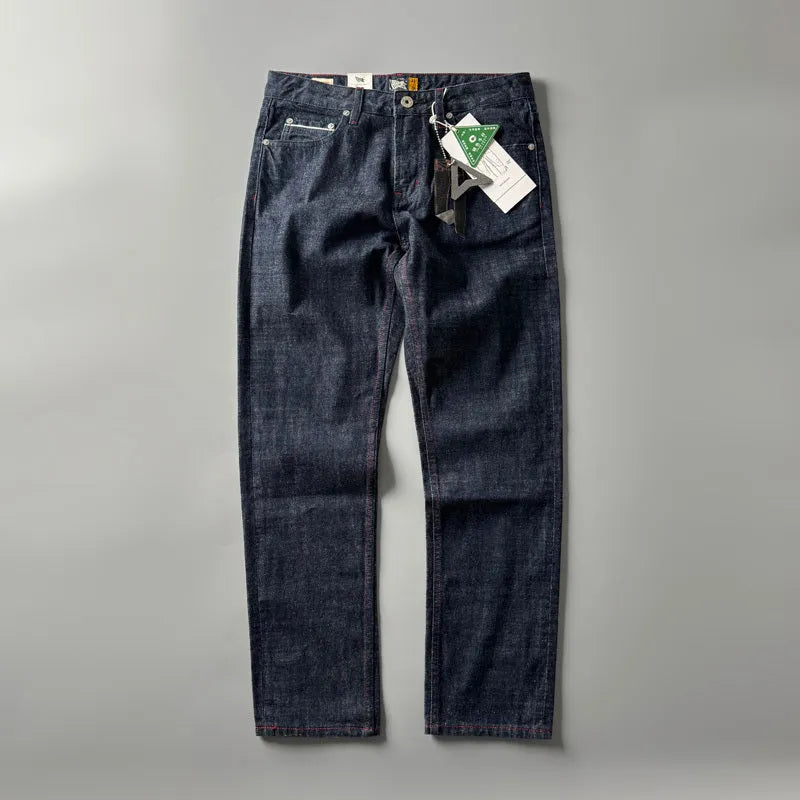 Men's straight leg denim jeans in primary colour blue with mid waist and traditional American retro styling