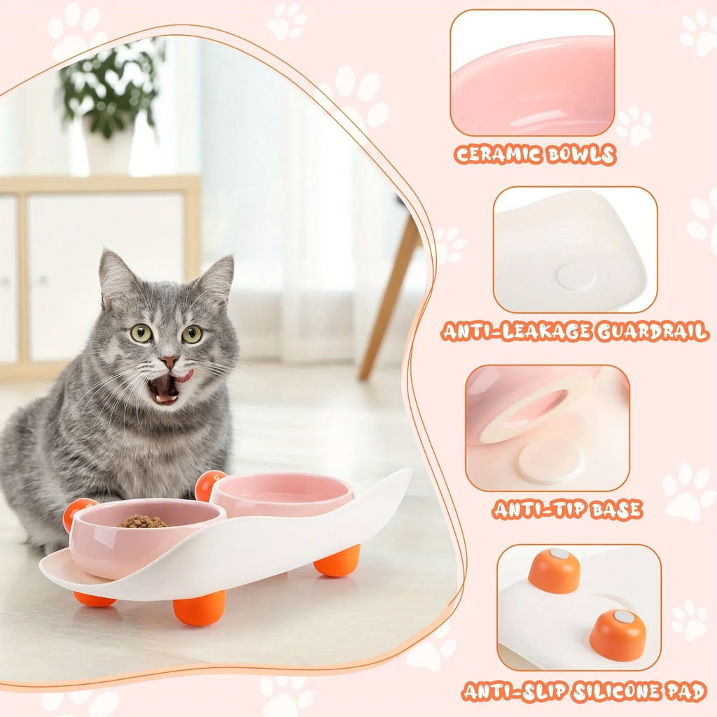 Ceramic raised pet feeding bowl set with non-slip silicone base in pink, pink yellow and yellow colours