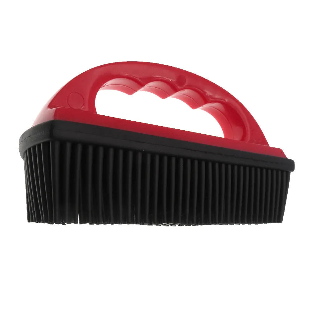 Red plastic pet hair removal brush for dog and cat grooming and carpet cleaning, dimensions 160mm by 85mm