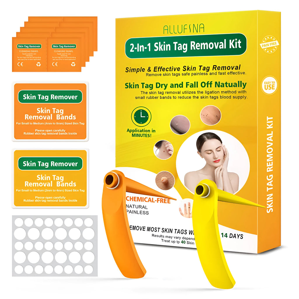Wart removal tool kit in orange and yellow with two removal devices, cones, rubber rings, alcohol swabs, and repair sticker