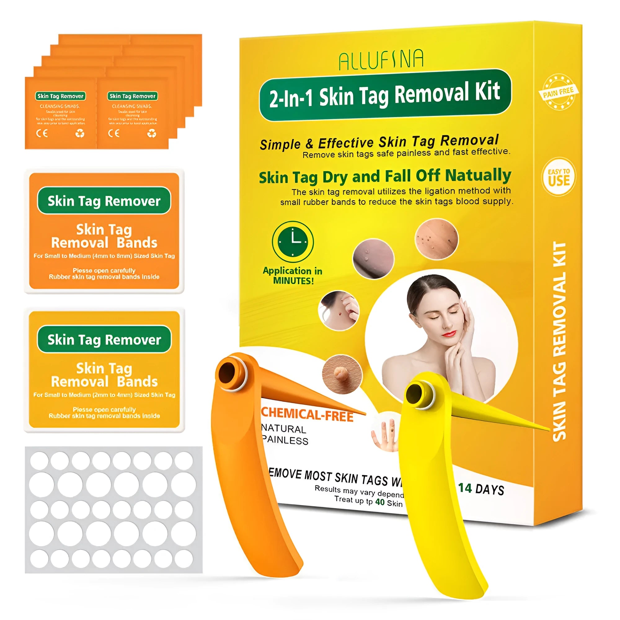 Wart removal tool kit in orange and yellow with two removal devices, cones, rubber rings, alcohol swabs, and repair sticker