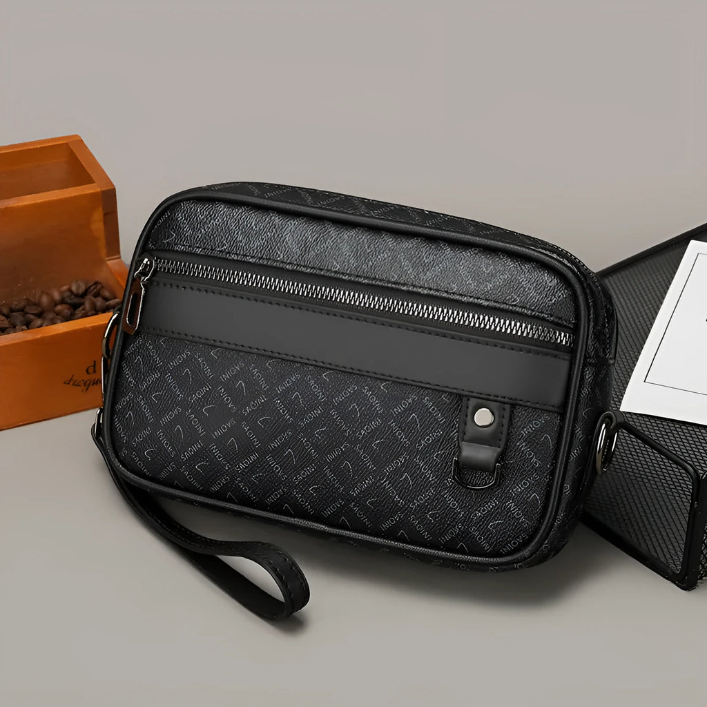 Men's casual shoulder messenger bag in black PU with geometric pattern, large capacity, and top handle