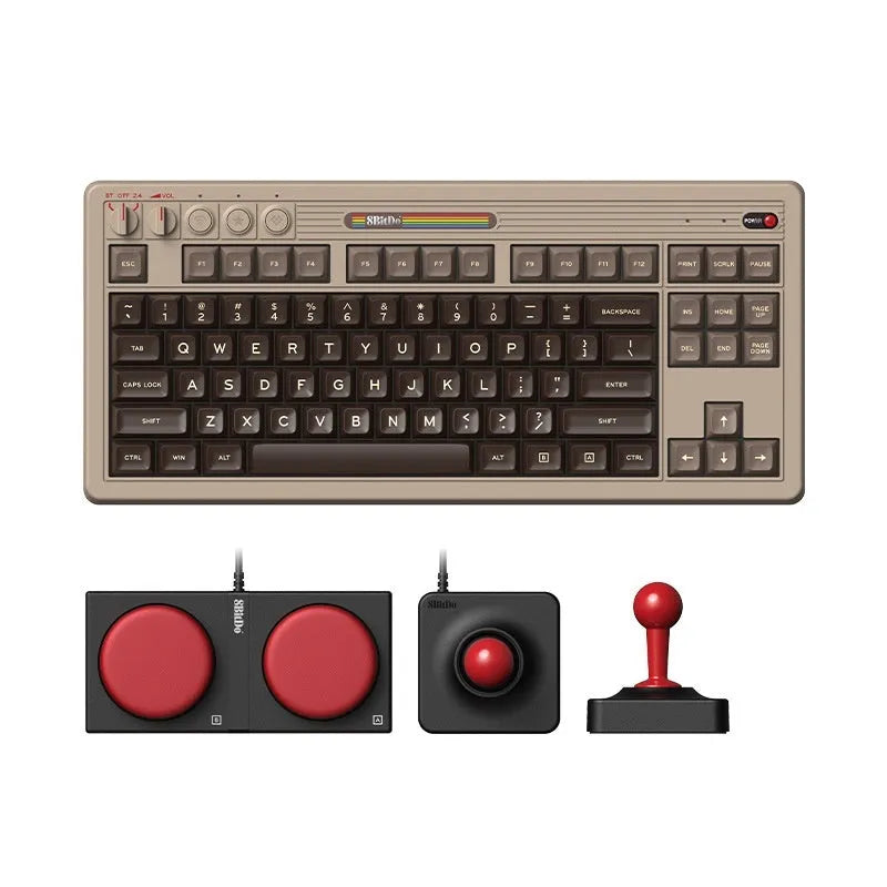 Retro87 C64 wireless Bluetooth mechanical gaming keyboard with rocker control on desk
