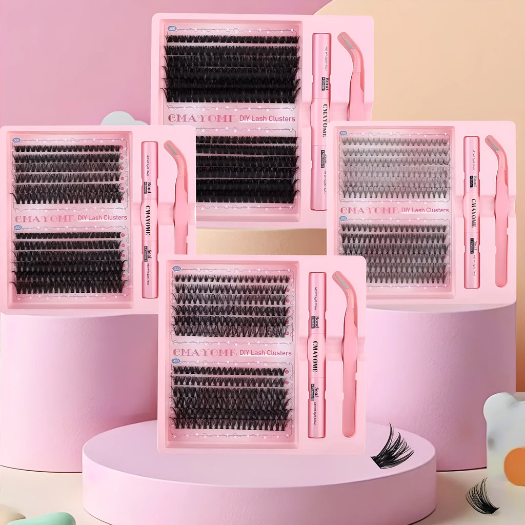 DIY single cluster false eyelashes showing artificial fibre mixed split type clusters on storage tray