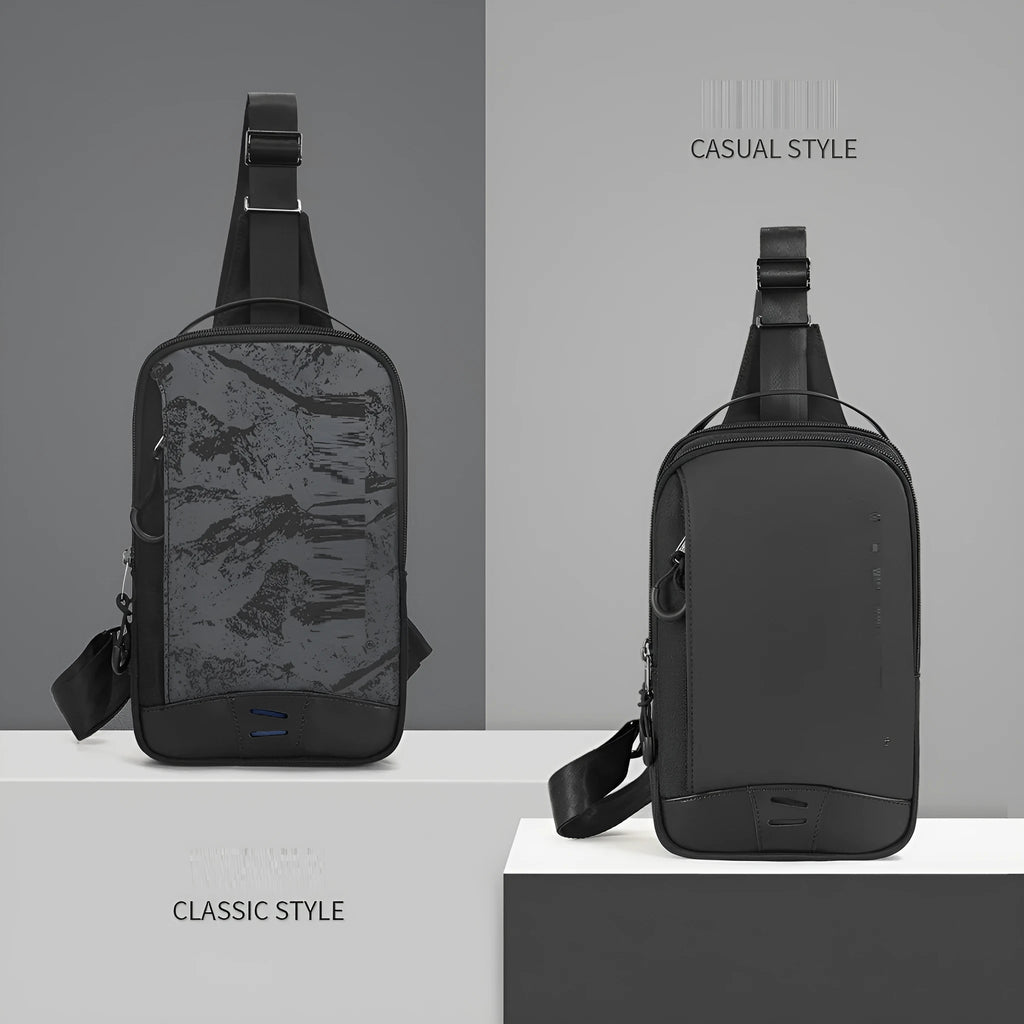 Black camouflage pattern chest pack with waterproof TPU material and square vertical shape for street style daily wear