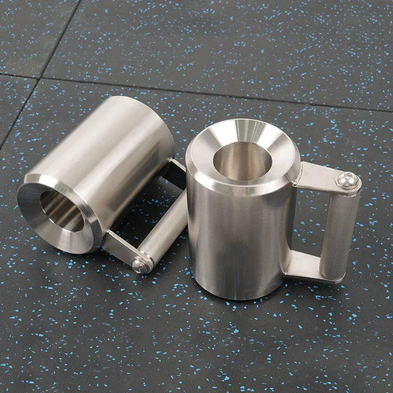 Silver stainless steel dumbbell overweight cup weighing 8kg on a cast iron base.