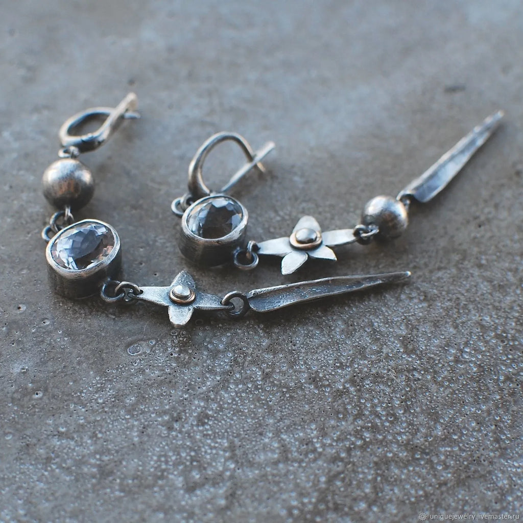 Geometric antique silver rhinestone pendant earrings with XINGX design on long alloy ear studs