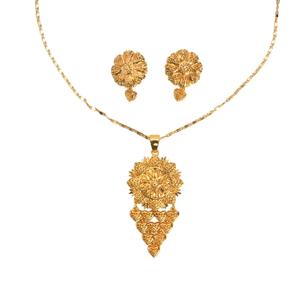 Bride's 24k gold-plated copper necklace and earrings jewelry set two-piece yellow gold tone