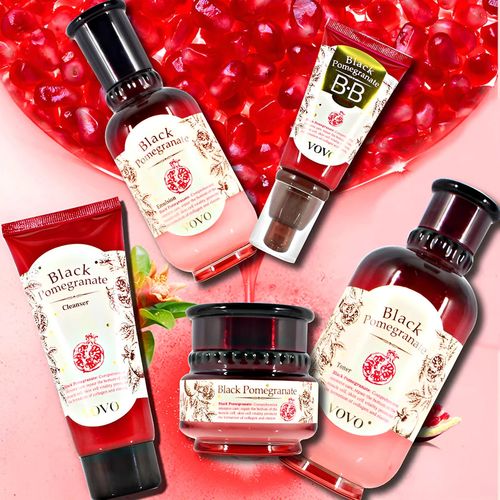 Pomegranate skincare set with six products: water, milk, cream, essence, eye cream and cleanser