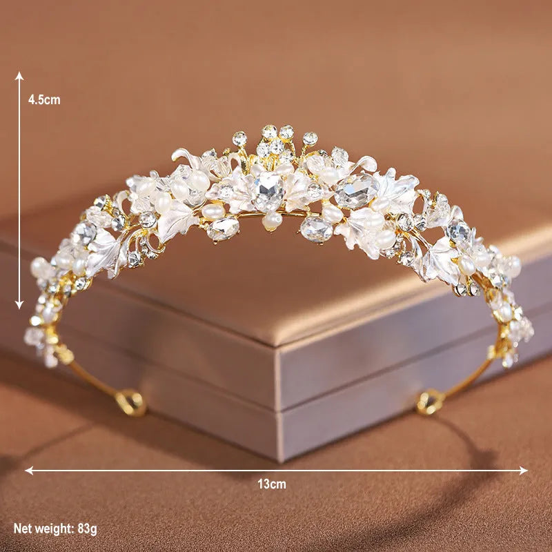 Women's pearl crown headdress with alloy construction and electroplated gold finish