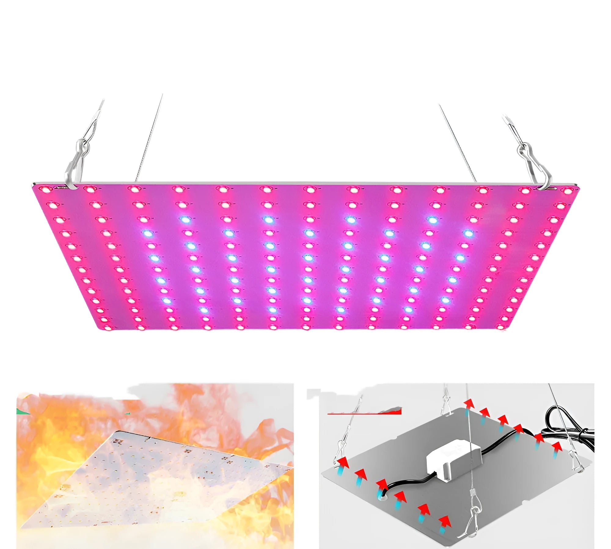 Aluminium shell LED plant grow light with a hanging hook for indoor fruit and vegetable cultivation.