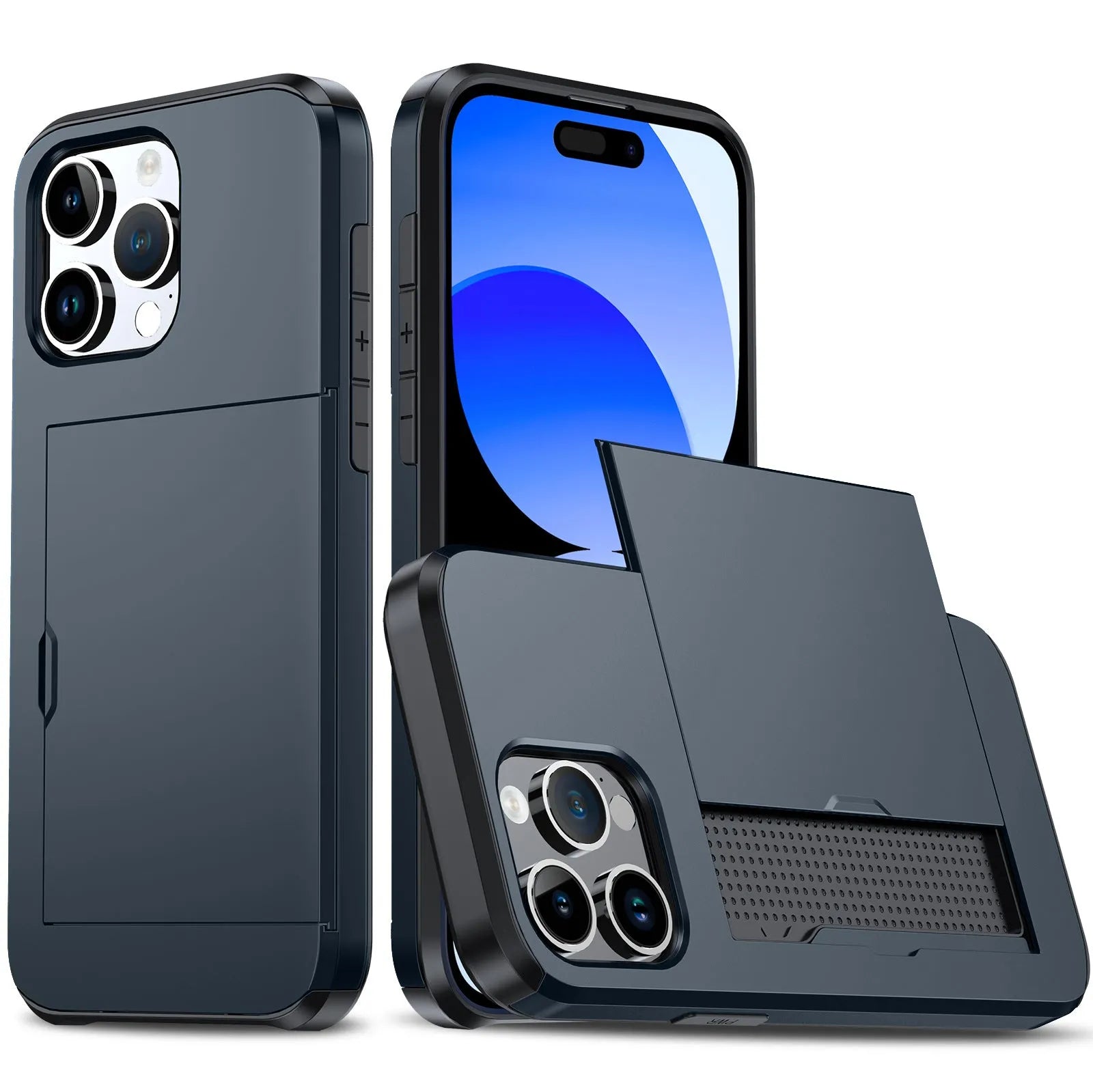 SGP card push slide TPU PC phone case for iPhone 15 Pro Max in navy blue with frosted finish and card slot