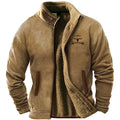 Men's green polyester fleece padded coat with a regular fit on a hanger.