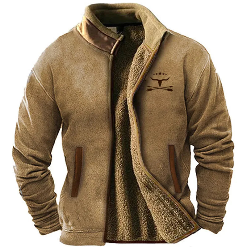 Men's green polyester fleece padded coat with a regular fit on a hanger.