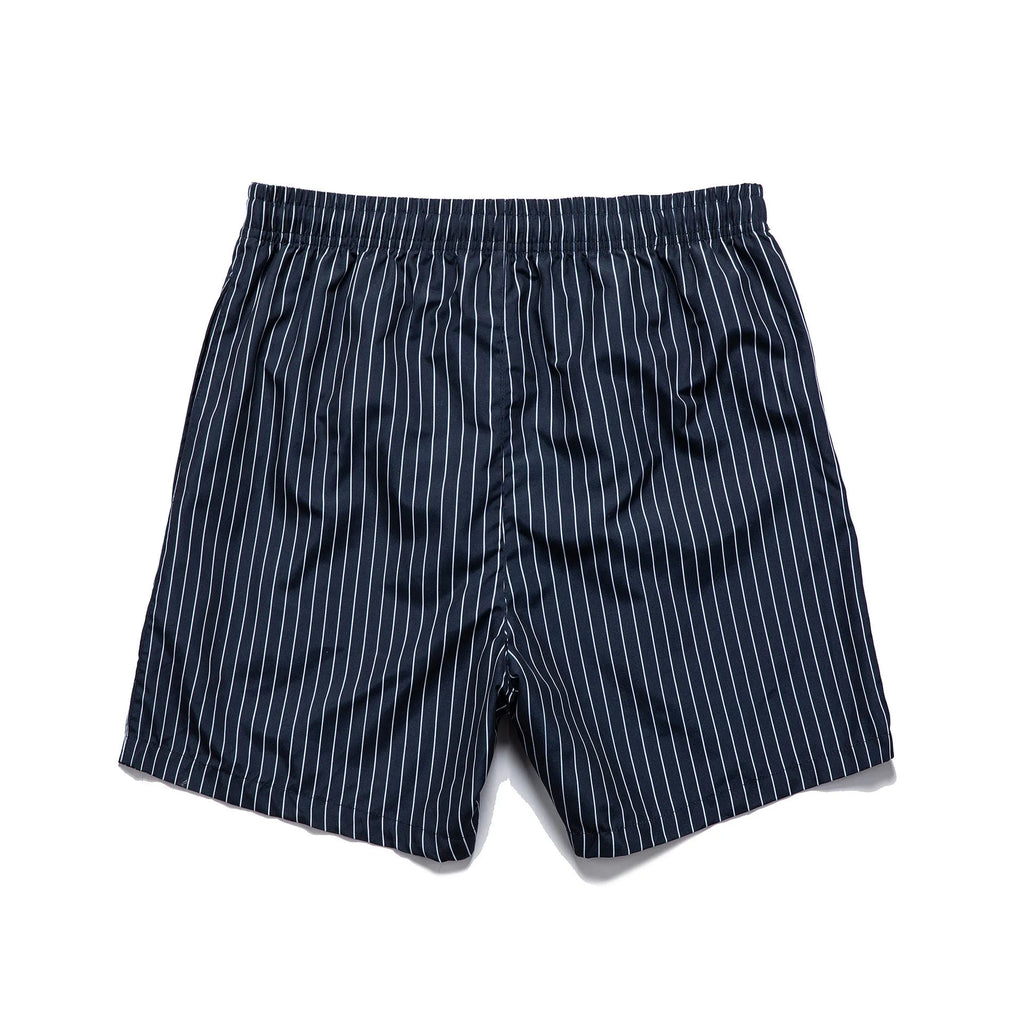 Men's navy blue striped beach shorts with triangle lining and straight leg opening