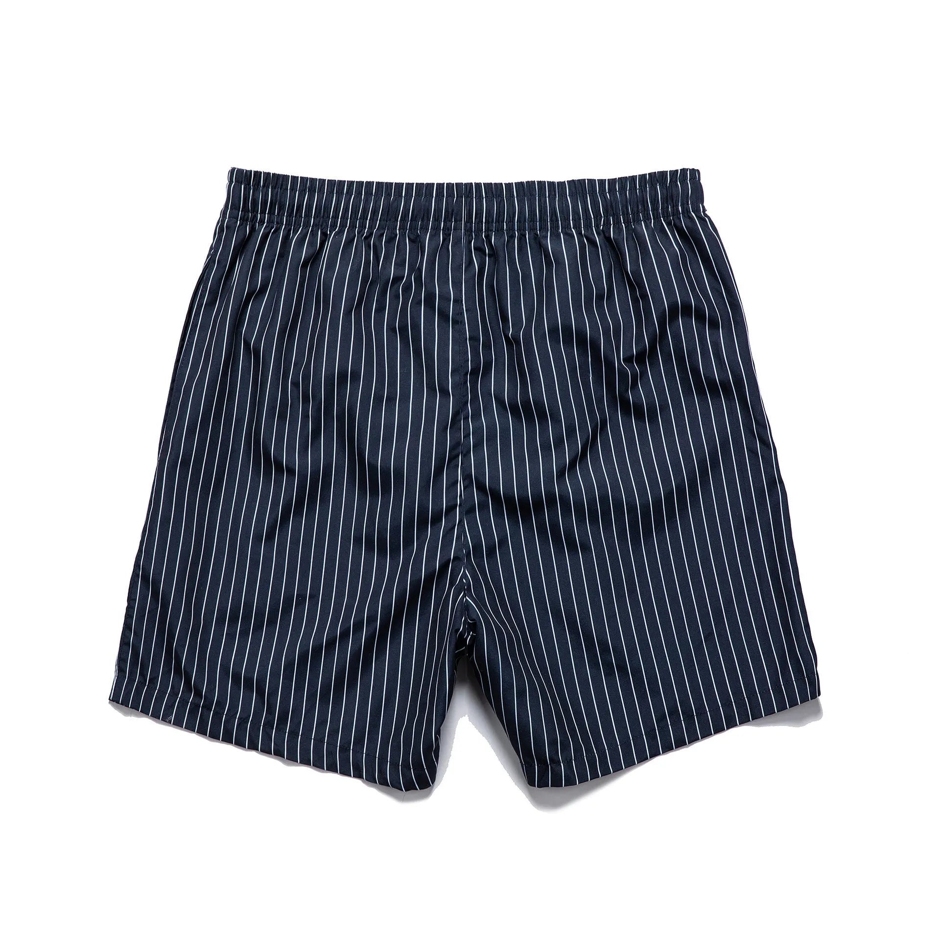 Men's navy blue striped beach shorts with triangle lining and straight leg opening