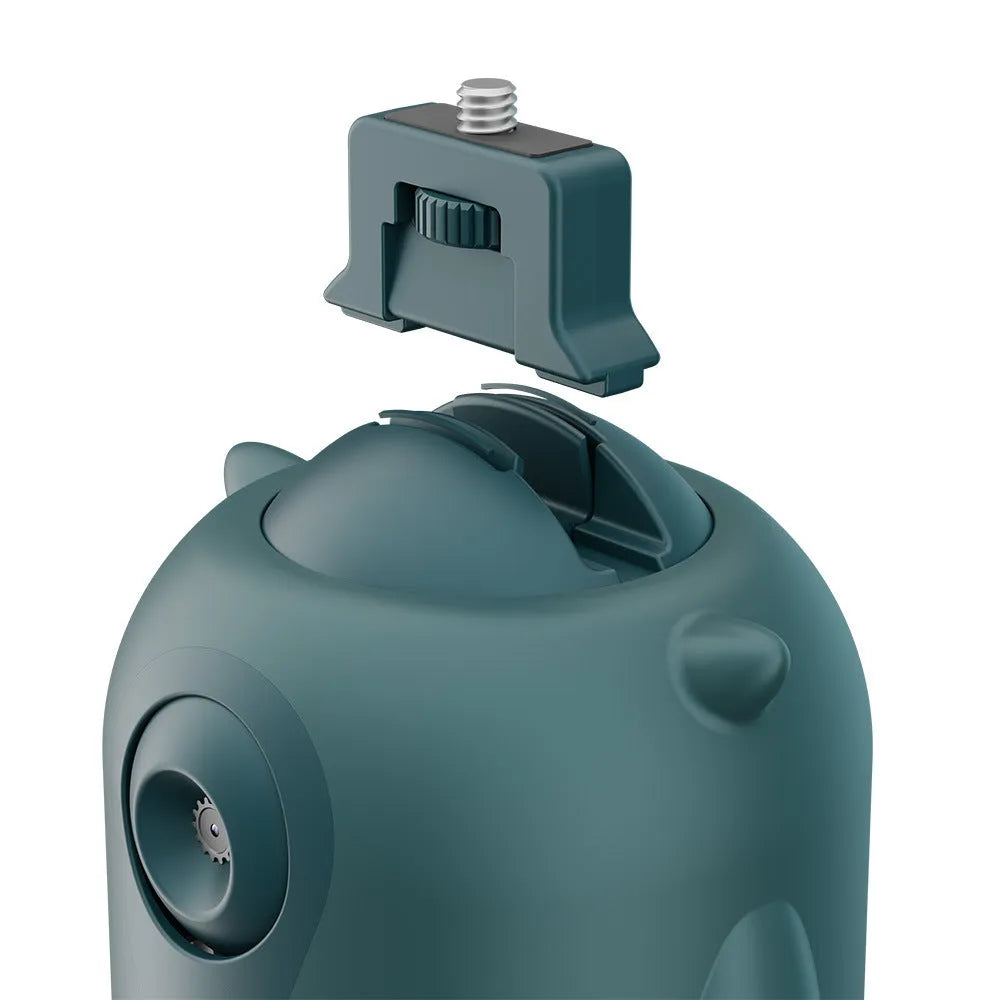 Dark green smart AI tracking gimbal showing 360 rotation for camera and phone