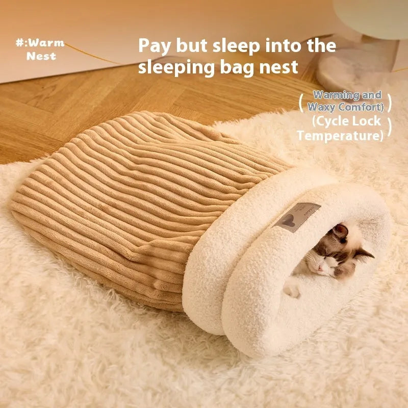Soft plush semi-enclosed cat sleeping bag in brown with three-layer thickened design for winter warmth