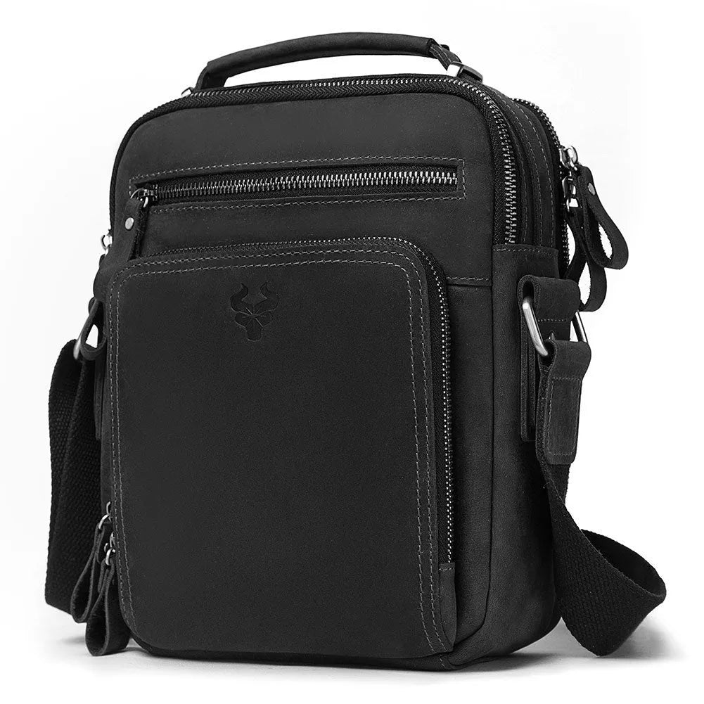 Men's brown Crazy Horse leather crossbody bag with sewing line detailing