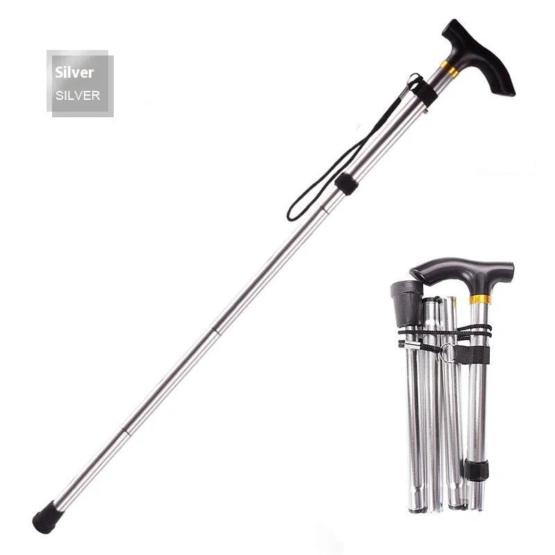 Adjustable aluminium folding walking cane in silver with non-slip rubber foot extended to full height
