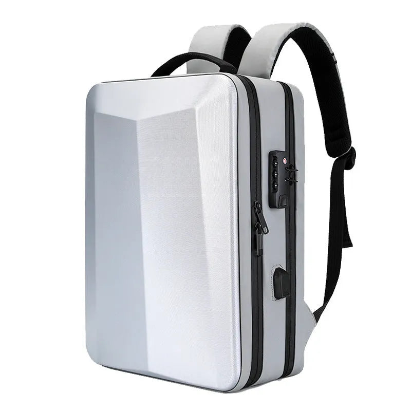 Men's waterproof business backpack in black with curved shoulder straps and splicing detail