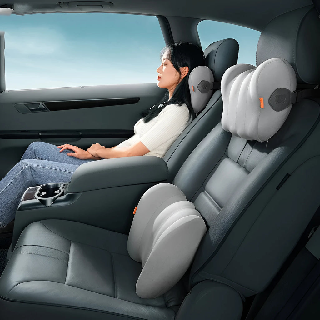 Suspension bin car head restraint and lumbar pillow set in grey and orange colours