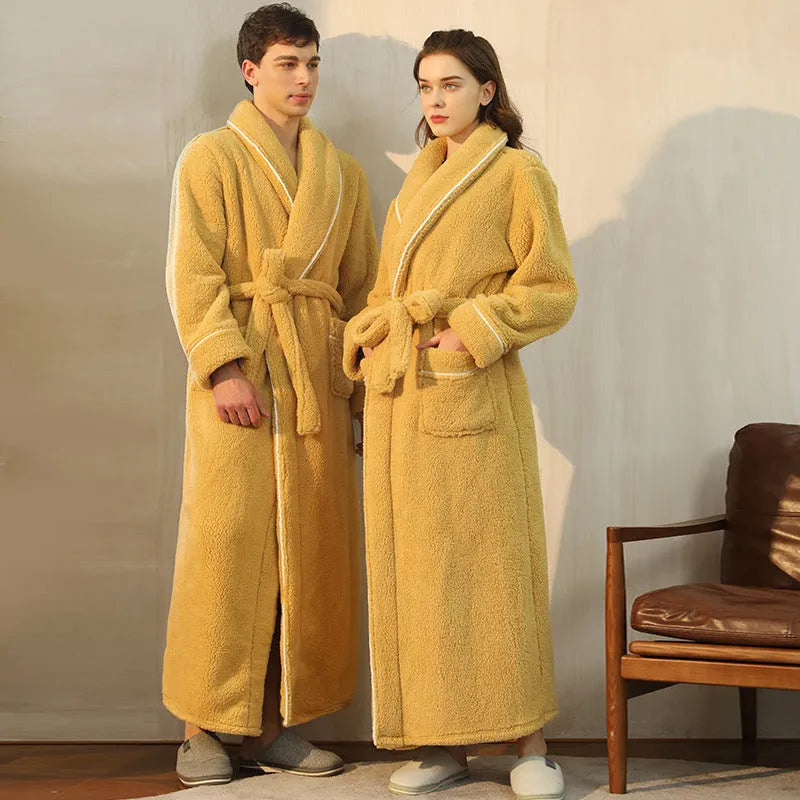 Thick flannel couple's bathrobe in winter colours like navy blue and silver gray, shown in plus sizes.