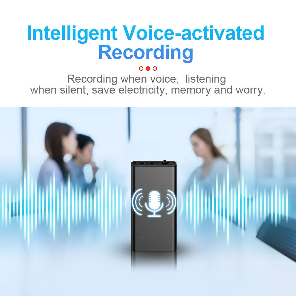 Silver aluminium alloy encryption recording pen with HD noise reduction, shown with English interface.