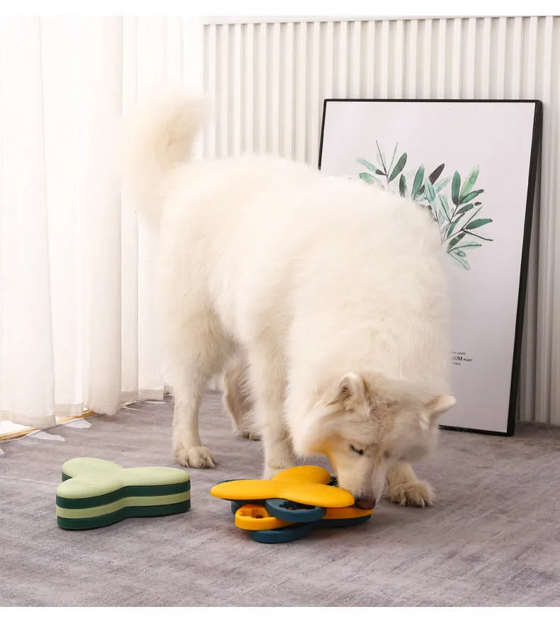 Green dog puzzle toy slow feeder with 9 compartments and bone covers on a non-slip base for interactive training