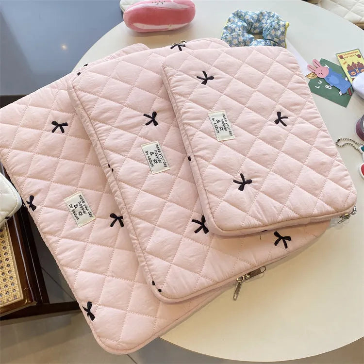 Cute rhombus embroidered bow notebook storage bag for laptop, nylon, light pink, fits 13-14 inch device