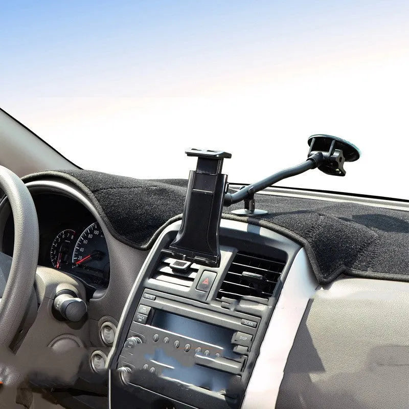 Black vehicle-mounted tablet holder with suction cup for 4-12-inch devices on car dashboard