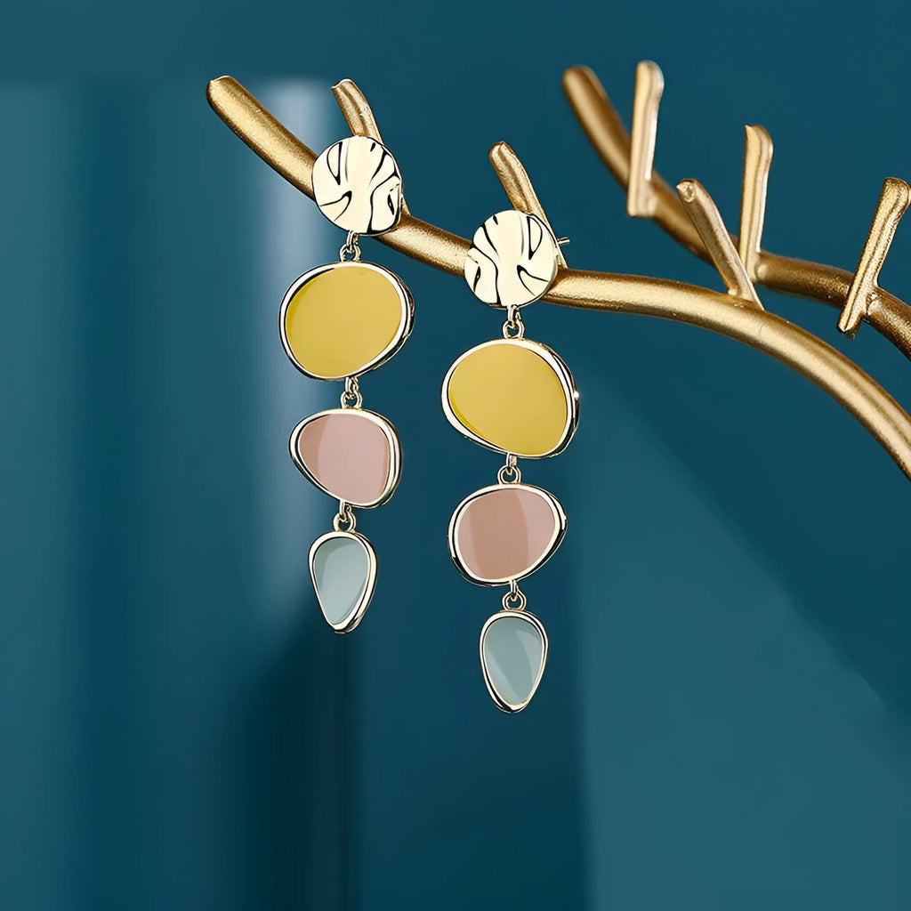 Morandi three-colour oil drip disc earrings with sterling silver needles on simple vintage wafer design