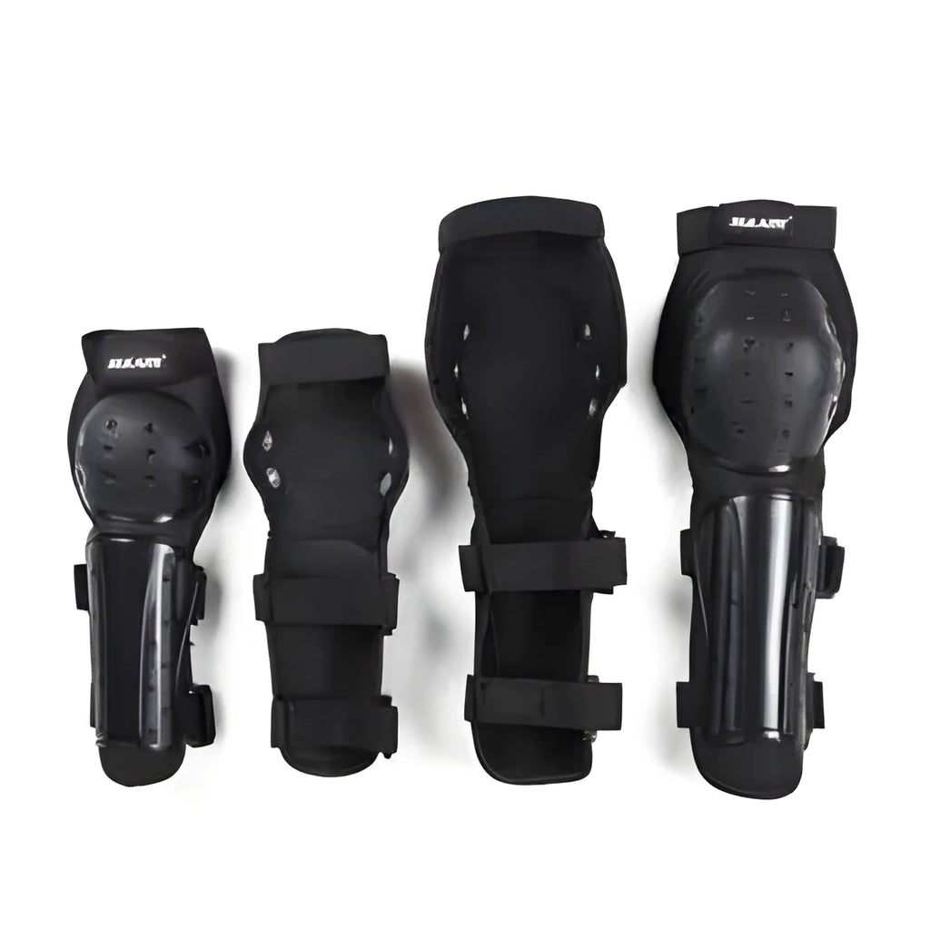 Adult black protective knee and elbow pads set with PE rubber shell and Velcro straps for cycling and extreme sports