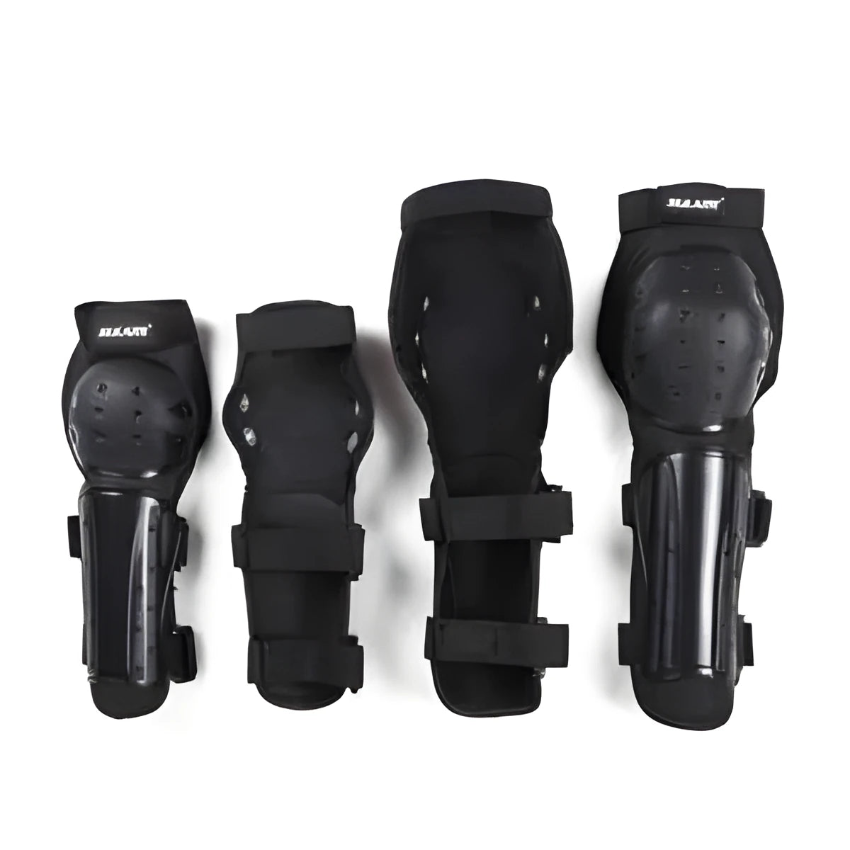 Adult black protective knee and elbow pads set with PE rubber shell and Velcro straps for cycling and extreme sports