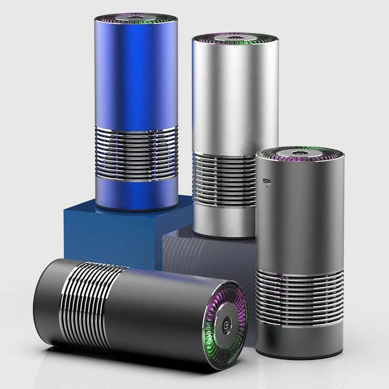 Car indoor wireless air purifier in aluminium alloy and ABS, 65x150mm, available in black silver and metallic grey
